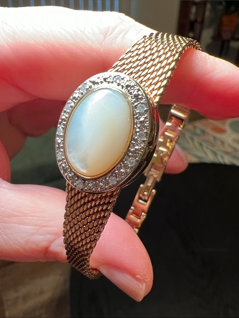 Vintage Swiss Watch Gold Mesh Peekaboo Hidden Dial Mother of Pearl Real Diamonds